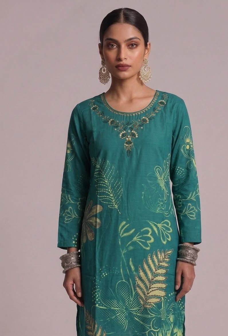 Enchanting Teal Green Botanical Print Kurta with Embroidered Neckline
