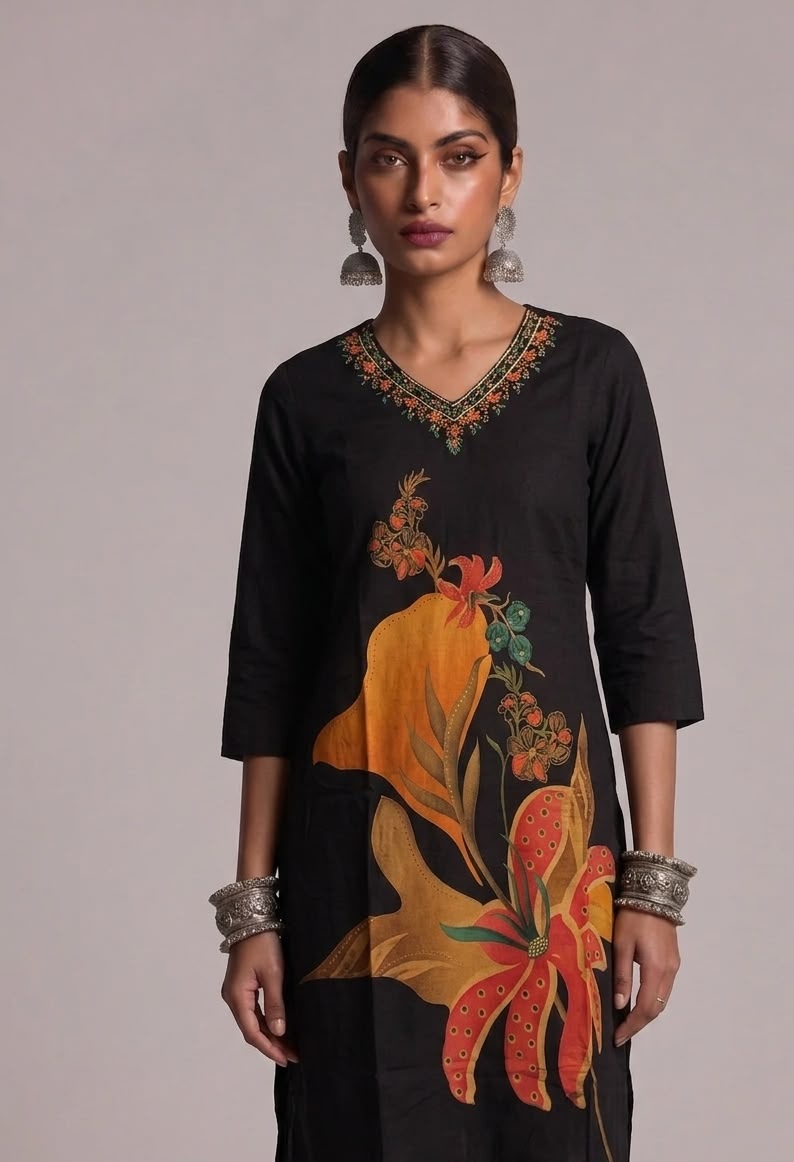 Regal Black Hand-Painted Floral Kurta with Embroidered V-Neck
