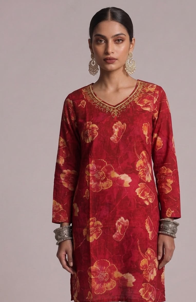 Crimson Red Floral Print Kurta with Zari Embroidered V-Neck