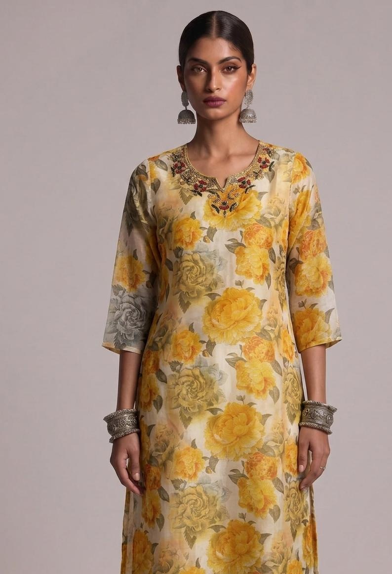 Yellow Floral Print Kurta